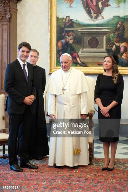 Pope Francis meets Prime Minister of Canada Justin Trudeau and his wife Sophie Gregoire at the Apostolic Palace on May 29, 2017 in Vatican City,...