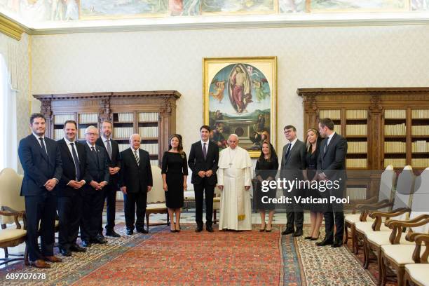 Pope Francis meets Prime Minister of Canada Justin Trudeau, his wife Sophie Gregoire and his delegation at the Apostolic Palace on May 29, 2017 in...