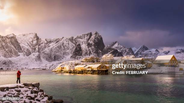 idyllic coastal village at reine in winter, norway - moskenesoya stock pictures, royalty-free photos & images