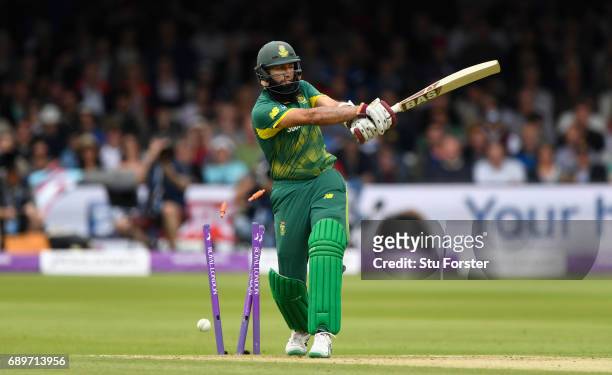South Africa batsman Hashim Amla is bowled by Toby Roland-Jones for 55 runs during the 3rd Royal London Cup match between England and South Africa at...
