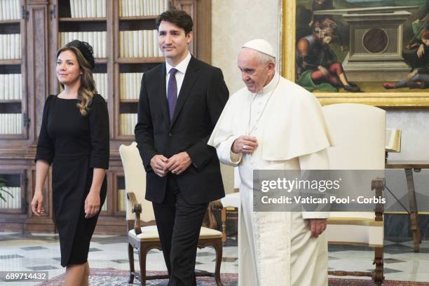 Pope Francis Meets Prime Minister of Canada Justin Trudeau and wife Sophie Gregoire on May 29, 2017 in Vatican City, Vatican.