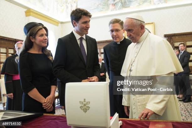 Pope Francis Meets Prime Minister of Canada Justin Trudeau and wife Sophie Gregoire on May 29, 2017 in Vatican City, Vatican.