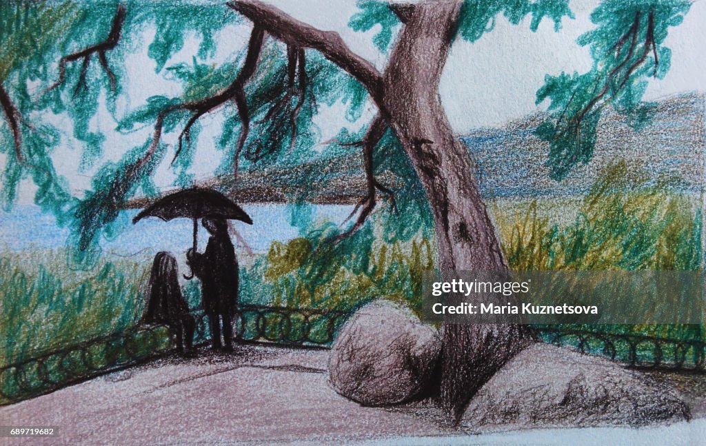 Pareja Bajo La Lluvia Dibujo Ilustración Acuarela A Mano Ilustración de  stock - Getty Images