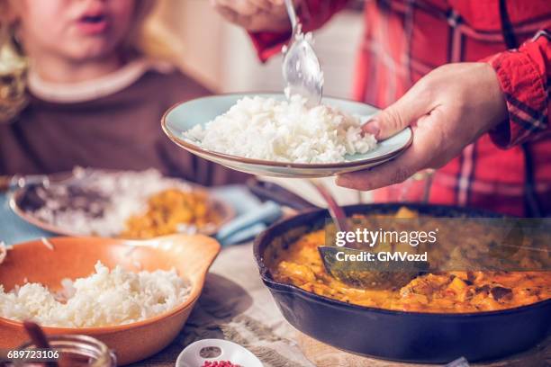 eating delicous homemade chicken curry dish with rice - portion stock pictures, royalty-free photos & images