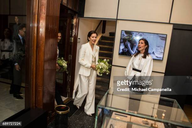 Crown Princess Mary of Denmark and Hanna Lyndggaard are seen at Ole Lyndggaard Copenhagen store on May 29, 2017 in Stockholm, Sweden.