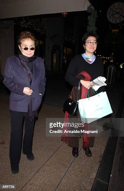 Yoko Ono and her daughter Kyoko Ono leave a restaurant after dinner January 3, 2002 in New York City.