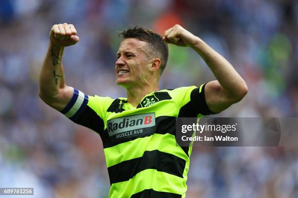 Jonathan Hogg of Huddersfield Town celebrates as his side win the penalty shoot out and promotion to the Premier League during the Sky Bet...