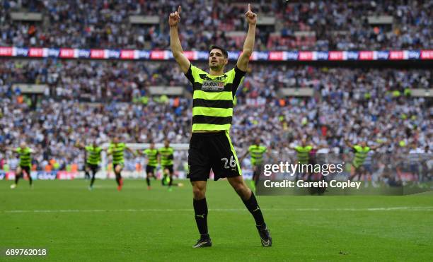 Christopher Schindler of Huddersfield Town celebrates scoring the winning penalty in the penalty shoot out after the Sky Bet Championship play off...