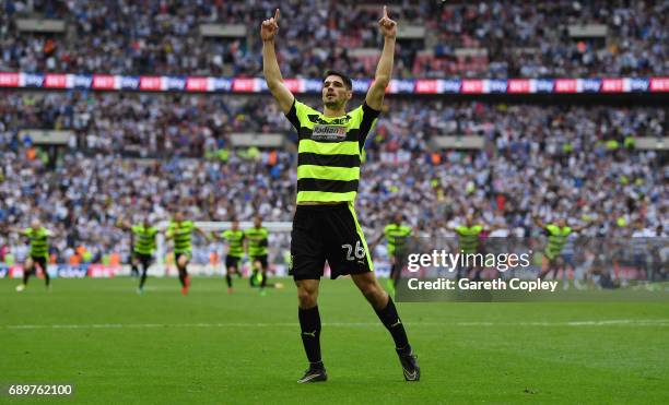 Christopher Schindler of Huddersfield Town celebrates scoring the winning penalty in the penalty shoot out after the Sky Bet Championship play off...
