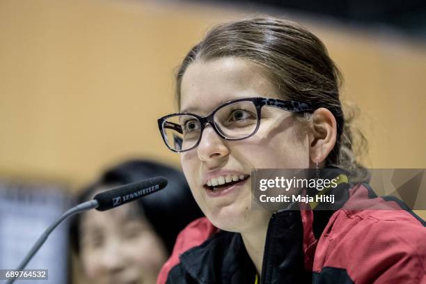 Petrissa Solja of Germany speaks during a press conference of a German team at Table Tennis World Championship at Messe Duesseldorf on May 29, 2017...