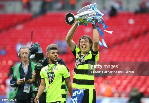 Michael Hefele of Huddersfield Town celebrates with the trophy during the Sky Bet Championship Play Off Final match between Reading and Huddersfield...