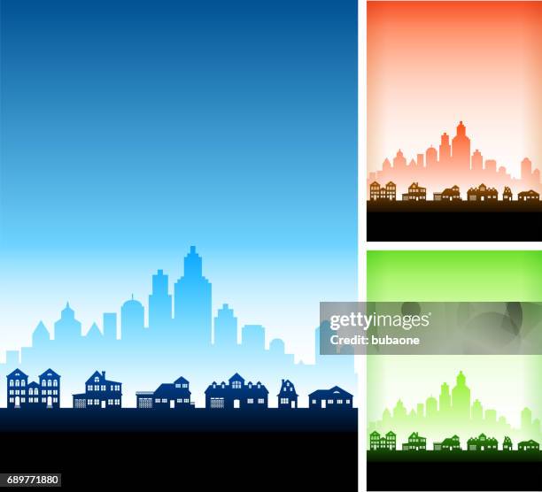 stockillustraties, clipart, cartoons en iconen met voorsteden stadsgezicht met moderne stad skyline vector achtergrond - twee onder één kap huis