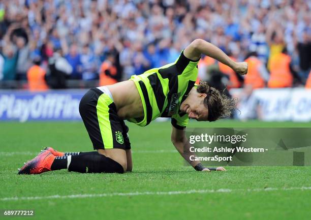 Huddersfield Town's Michael Hefele dejected as he misses his penalty in the shoot out during the EFL Sky Bet Championship Play-Off Final victory over...