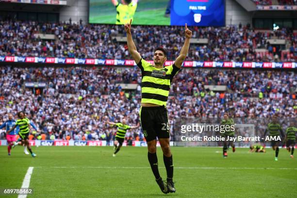 Christopher Schindler of Huddersfield Town celebrates after scoring the winning penalty during the Sky Bet Championship Play Off Final match between...