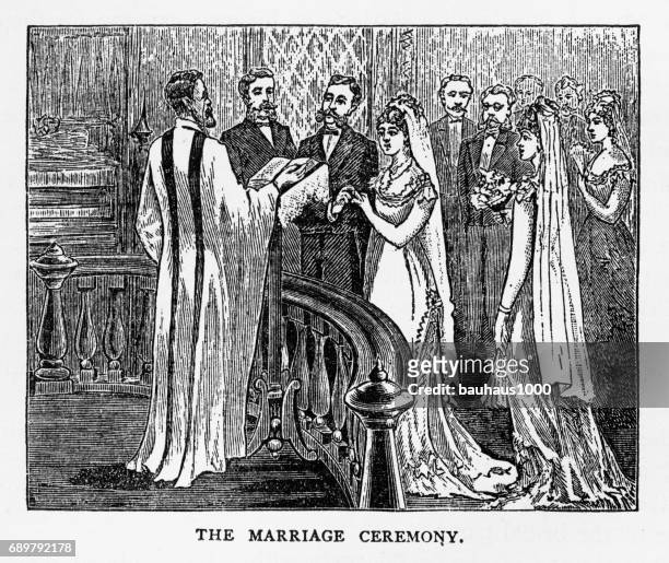 marriage ceremony victorian engraving, 1879 - groomsmen stock illustrations