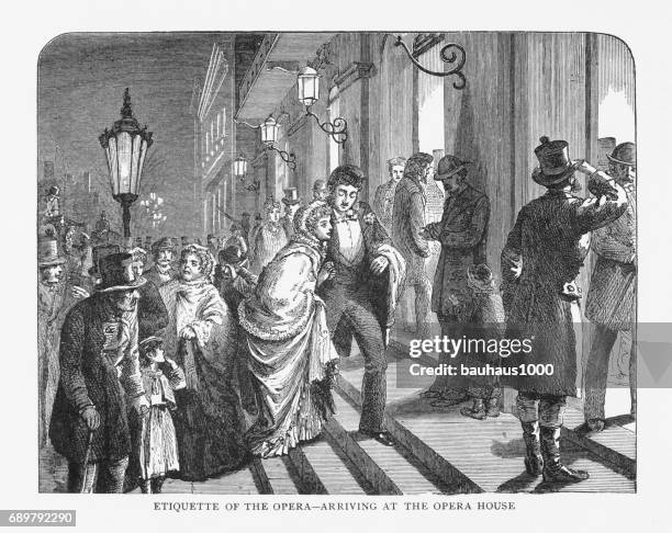 etiquette of the opera - arriving at the opera house victorian engraving, 1879 - opera audience stock illustrations