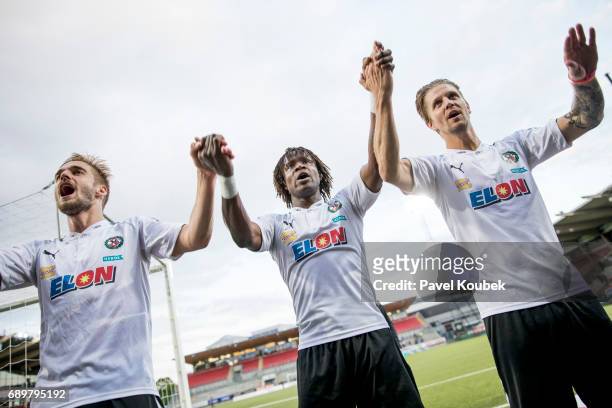 Johan Martensson, Kennedy Igboananike & Martin Lorentzson celebrates after the victory during the Allsvenskan match Between Orebro SK and IK Sirius...