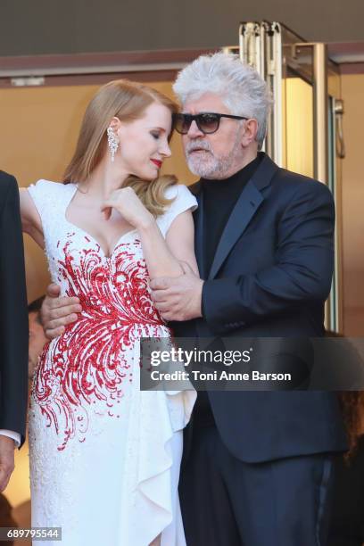 Pedro Almodovar and Jessica Chastain attend the Closing Ceremony during the 70th annual Cannes Film Festival at Palais des Festivals on May 28, 2017...