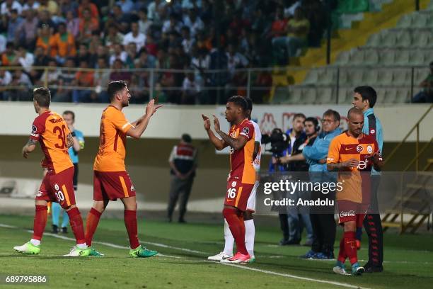 Wesley Sneijder of Galatasaray substitutes with Josue Pesqueira while Garry Mendes Rodrigues also comes into play during the Turkish Spor Toto Super...