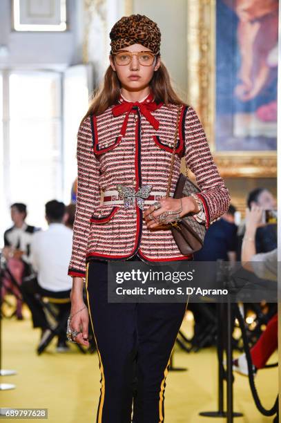 Model walks the runway at the Gucci Cruise 2018 show at Palazzo Pitti on May 29, 2017 in Florence, Italy.