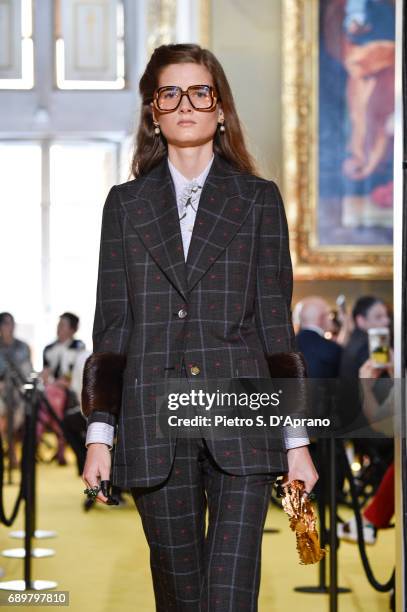 Model walks the runway at the Gucci Cruise 2018 show at Palazzo Pitti on May 29, 2017 in Florence, Italy.