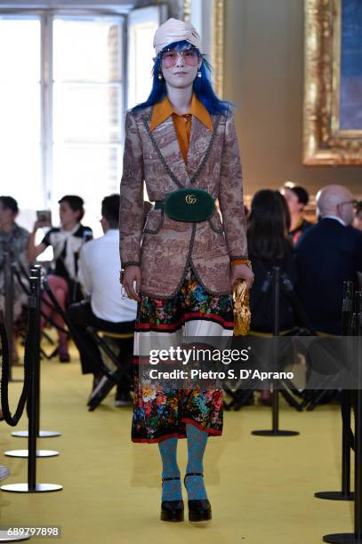 Model walks the runway at the Gucci Cruise 2018 show at Palazzo Pitti on May 29, 2017 in Florence, Italy.