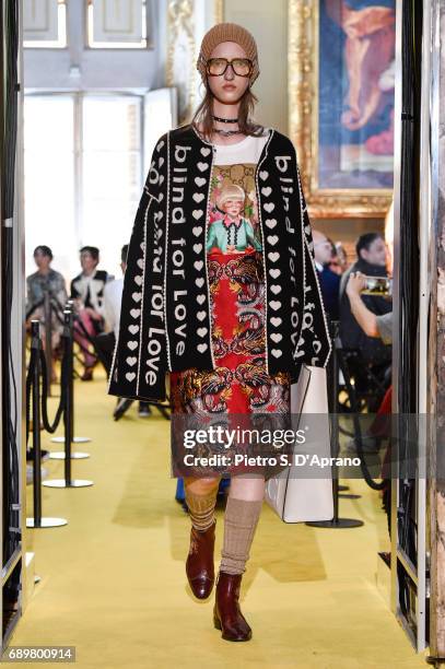 Model walks the runway at the Gucci Cruise 2018 show at Palazzo Pitti on May 29, 2017 in Florence, Italy.