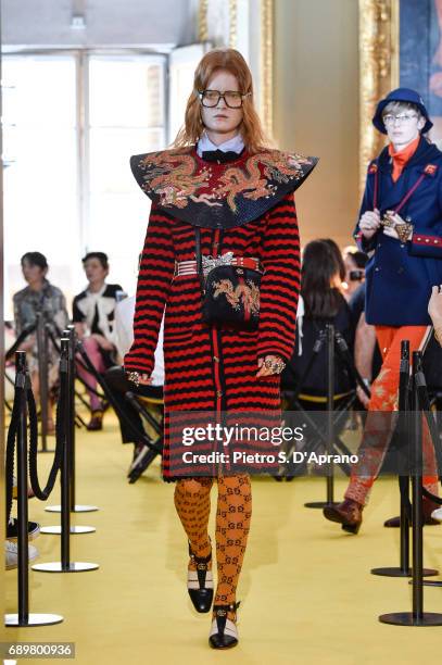 Model walks the runway at the Gucci Cruise 2018 show at Palazzo Pitti on May 29, 2017 in Florence, Italy.