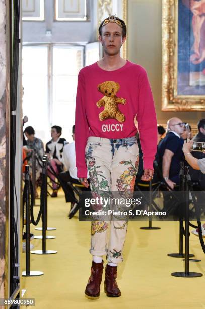 Model walks the runway at the Gucci Cruise 2018 show at Palazzo Pitti on May 29, 2017 in Florence, Italy.