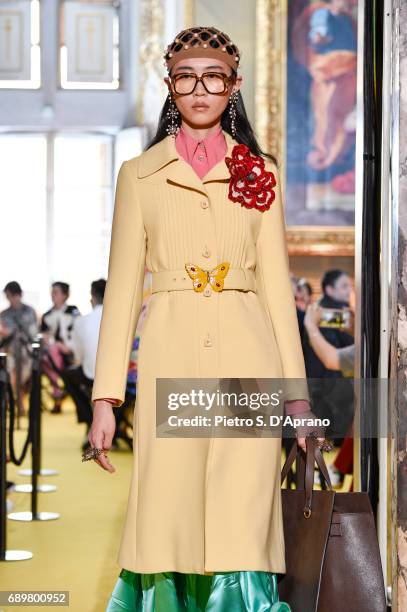 Model walks the runway at the Gucci Cruise 2018 show at Palazzo Pitti on May 29, 2017 in Florence, Italy.