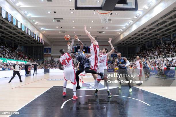 Dustin Hogue of Dolomiti Energia Trentino shoots the ball against during LegaBasket Serie A Playoffs match 3 beetwen Dolomiti Energia Trentino and...