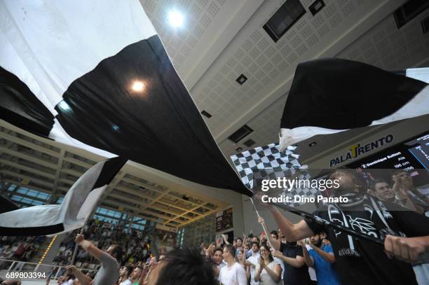 Fans of Dolomiti Energia Trentino shows their support during the LegaBasket Serie A Playoffs match 3 beetwen Dolomiti Energia Trentino and EA7...