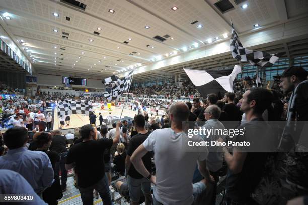 Fans of Dolomiti Energia Trentino shows their support during the LegaBasket Serie A Playoffs match 3 beetwen Dolomiti Energia Trentino and EA7...