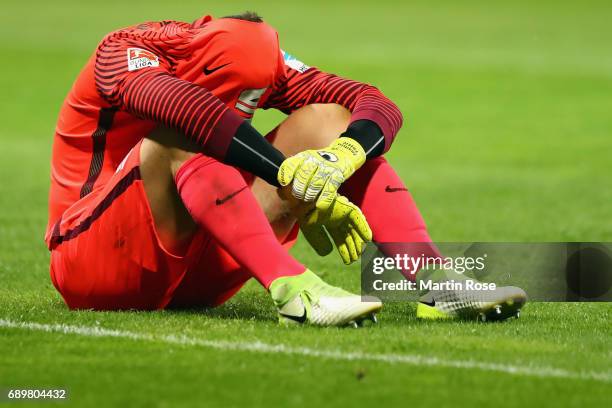 Goalkeeper Jasmin Fejzic of Braunschweig reacts after the Bundesliga Playoff leg 2 match between Eintracht Braunschweig and VfL Wolfsburg at...