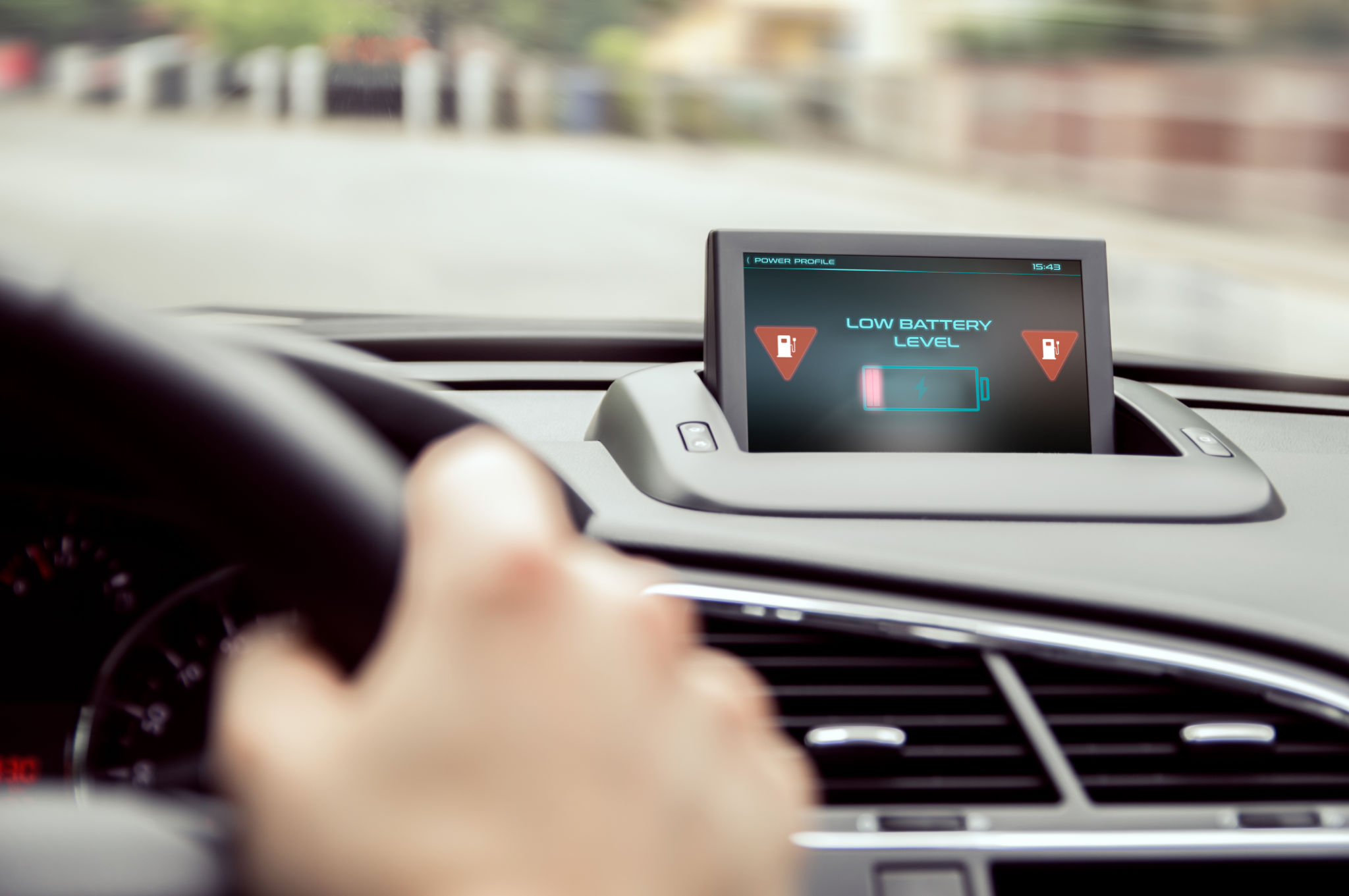 Low battery warning in the electric car. Low battery warning in the electric car.