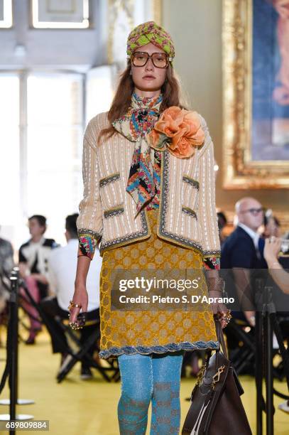 Model walks the runway at the Gucci Cruise 2018 show at Palazzo Pitti on May 29, 2017 in Florence, Italy.