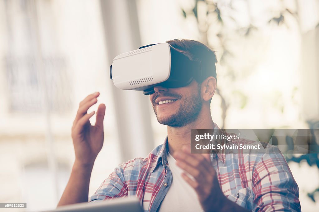 Entrepreneur testing virtual reality technology