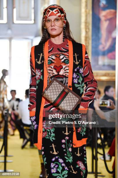 Model walks the runway at the Gucci Cruise 2018 show at Palazzo Pitti on May 29, 2017 in Florence, Italy.