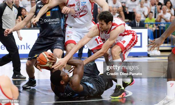 Dustin Hogue of Dolomiti Energia Trentino battles for the ball with Davide Pascolo of EA7 Emporio Armani Milano during LegaBasket Serie A Playoffs...