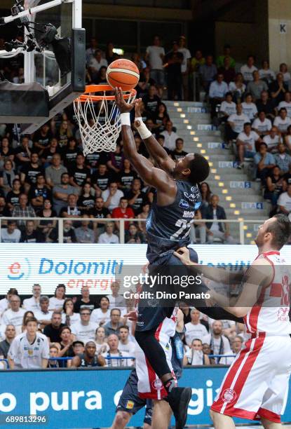 Dustin Hogue of Dolomiti Energia Trentino shoots the ball against during LegaBasket Serie A Playoffs match 3 beetwen Dolomiti Energia Trentino and...