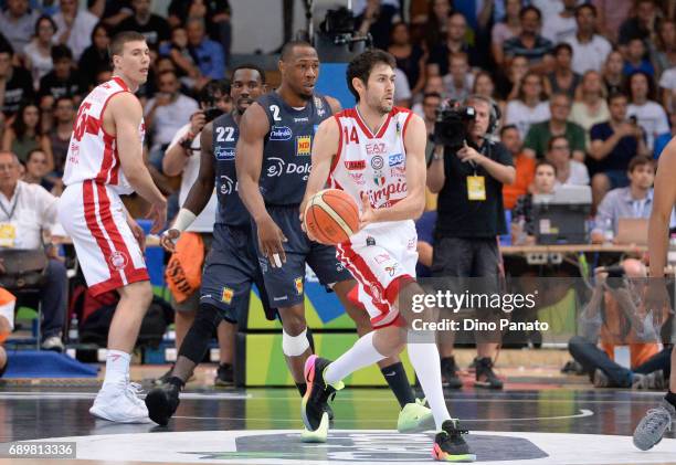 Davide Pascolo of EA7 Emporio Armani Milano handles the ball against during LegaBasket Serie A Playoffs match 3 beetwen Dolomiti Energia Trentino and...