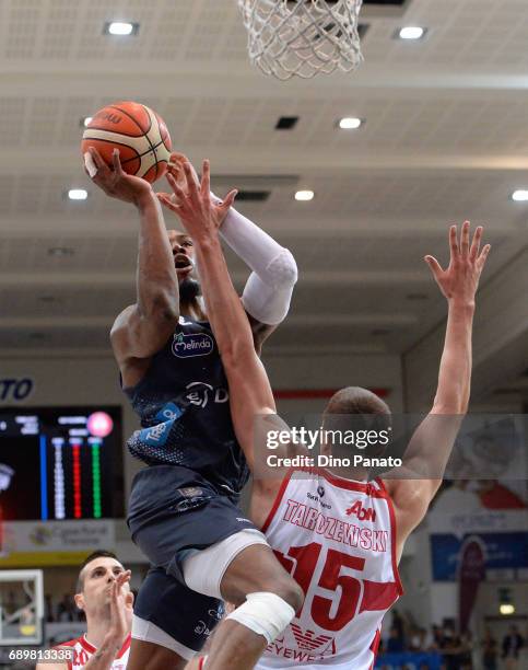 Dustin Hogue of Dolomiti Energia Trentino competes with Kaleb Tarczewski of EA7 Emporio Armani Milano during LegaBasket Serie A Playoffs match 3...