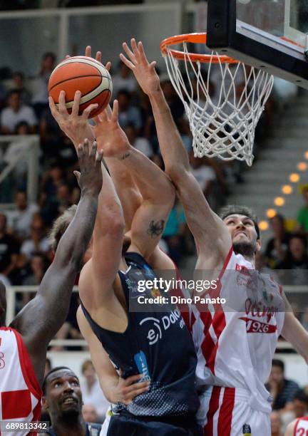 Luca Lechthaler of Dolomiti Energia Trentino competes with Davide Pascolo of EA7 Emporio Armani Milano during LegaBasket Serie A Playoffs match 3...