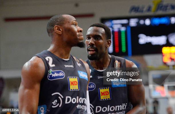 Dustin Hogue and Dominique Sutton of Dolomiti Energia during LegaBasket Serie A Playoffs match 3 beetwen Dolomiti Energia Trentino and EA7 Emporio...