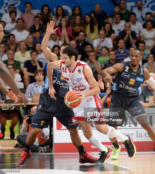 Davide Pascolo of EA7 Emporio Armani Milano handles the ball against during LegaBasket Serie A Playoffs match 3 beetwen Dolomiti Energia Trentino and...