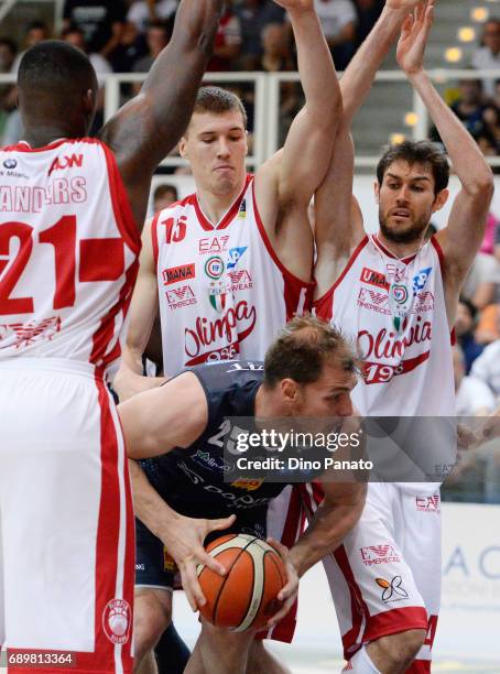 Luca Lechthaler of Dolomiti Energia Trentino competes with Davide Pascolo of EA7 Emporio Armani Milano during LegaBasket Serie A Playoffs match 3...