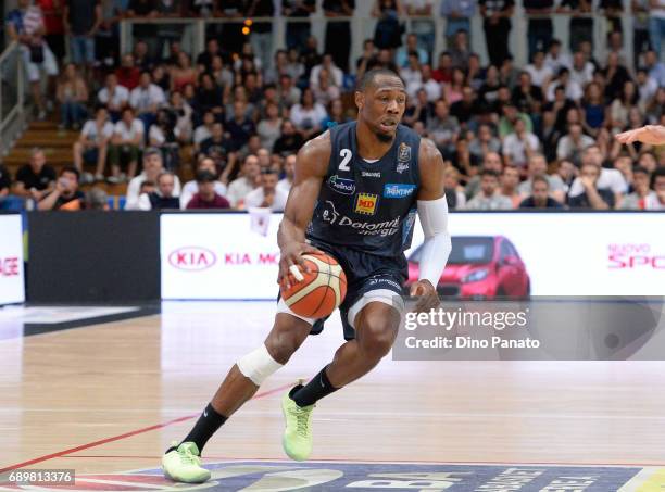 Dominique Sutton of Dolomiti Energia Trentino handles the ball against during LegaBasket Serie A Playoffs match 3 beetwen Dolomiti Energia Trentino...