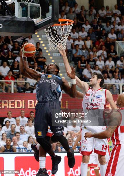 Dustin Hogue of Dolomiti Energia of Dolomiti Energia Trentino competes with Davide Pascolo of EA7 Emporio Armani Milano during LegaBasket Serie A...