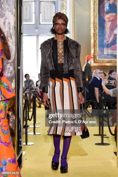 Model walks the runway at the Gucci Cruise 2018 show at Palazzo Pitti on May 29, 2017 in Florence, Italy.