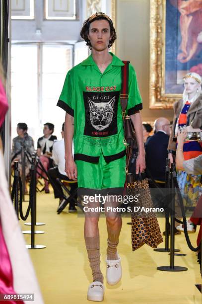 Model walks the runway at the Gucci Cruise 2018 show at Palazzo Pitti on May 29, 2017 in Florence, Italy.